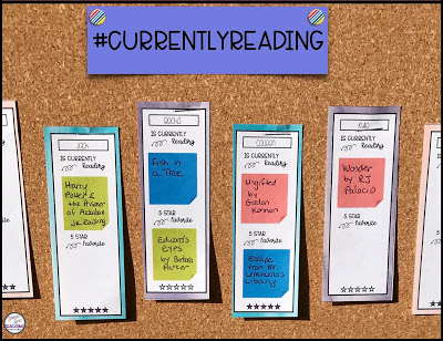 Picture of a bulletin board with the title #currentlyreading and student sticky notes. 